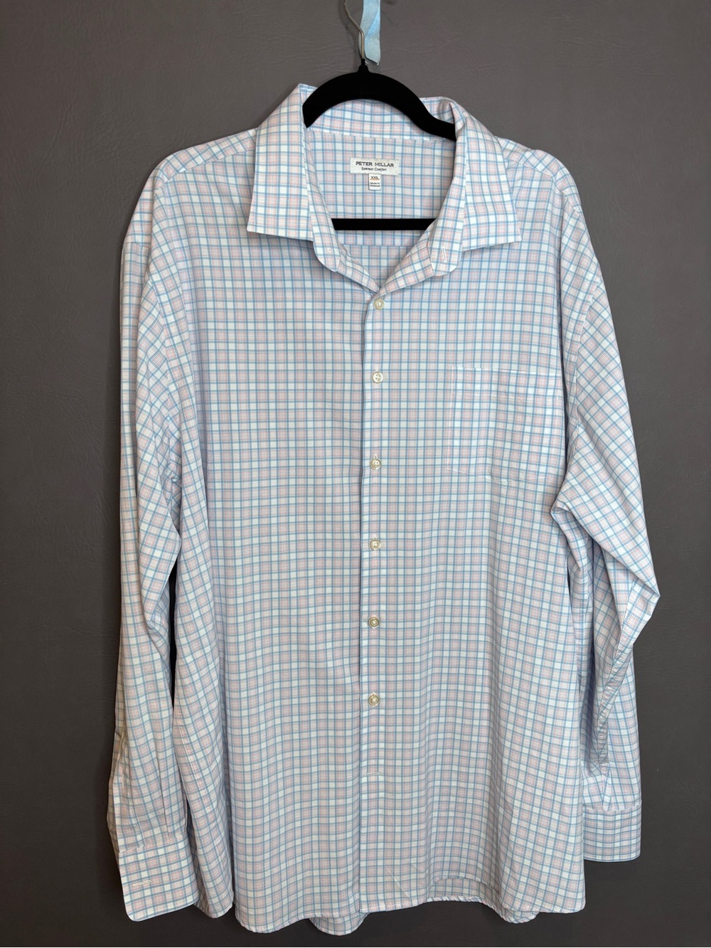 Peter Millar Summer Comfort Shirt Mens XXL Blue Pink Plaid Performance Button Up